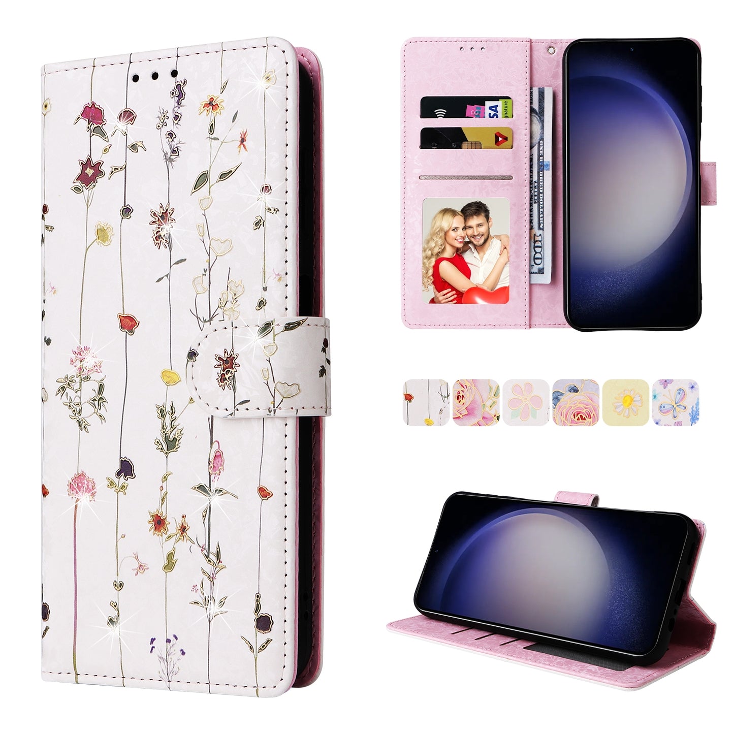 Samsung Galaxy S24 5G Luxury Bronzing Leather Case - Floral RFID Wallet Cover with Stand & Card Slots