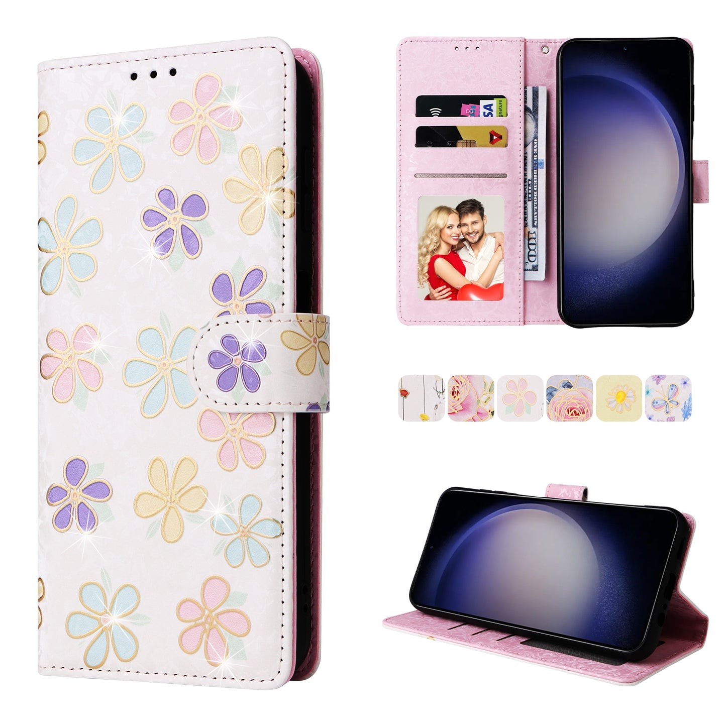 Samsung Galaxy S24 5G Luxury Bronzing Leather Case - Floral RFID Wallet Cover with Stand & Card Slots