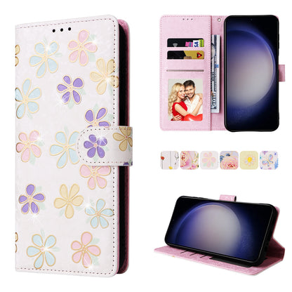 Samsung Galaxy S24 5G Luxury Bronzing Leather Case - Floral RFID Wallet Cover with Stand & Card Slots
