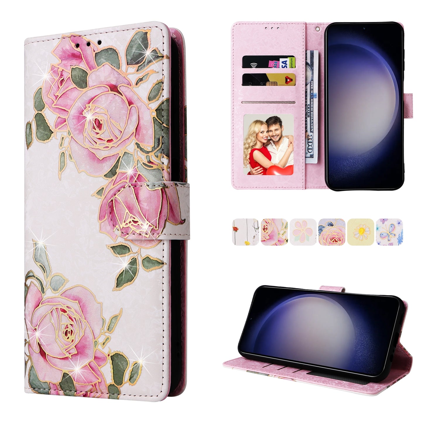 Samsung Galaxy S24 5G Luxury Bronzing Leather Case - Floral RFID Wallet Cover with Stand & Card Slots