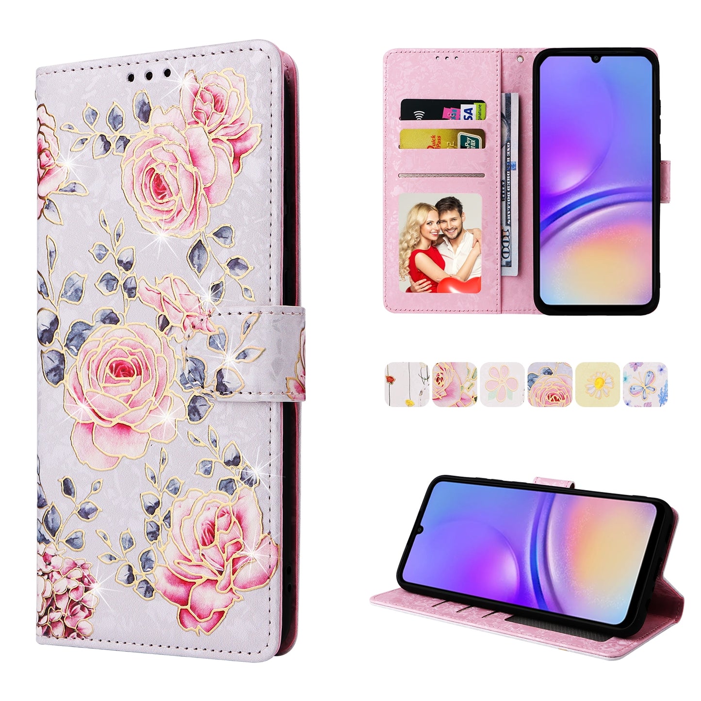 Samsung Galaxy A05 Luxury Bronzing Leather Case - Floral RFID Wallet Cover with Stand & Card Slots