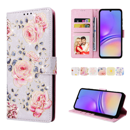 Samsung Galaxy A05 Luxury Bronzing Leather Case - Floral RFID Wallet Cover with Stand & Card Slots