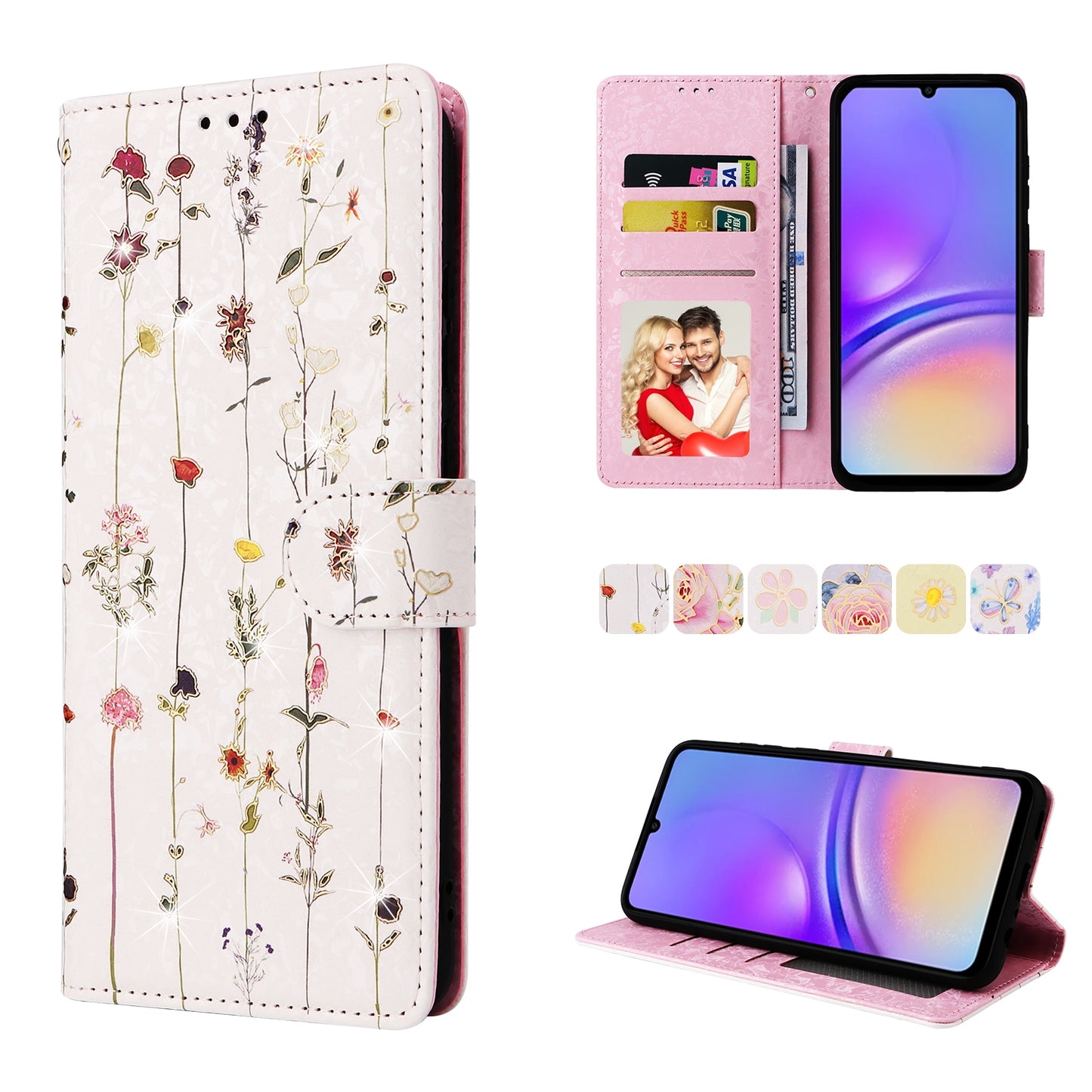 Samsung Galaxy A05 Luxury Bronzing Leather Case - Floral RFID Wallet Cover with Stand & Card Slots
