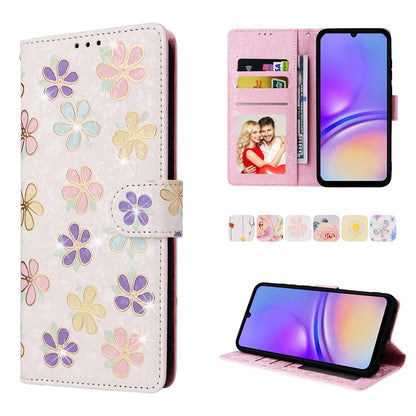 Samsung Galaxy A05 Luxury Bronzing Leather Case - Floral RFID Wallet Cover with Stand & Card Slots