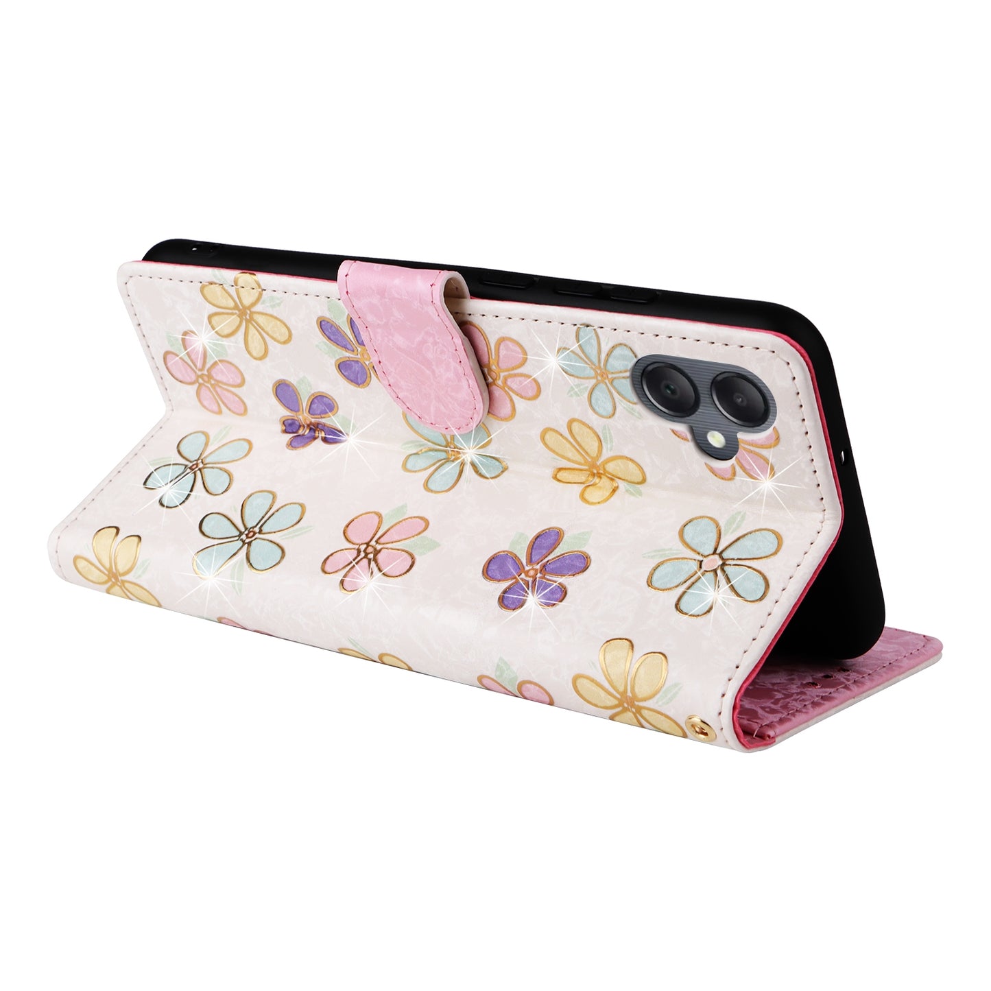Samsung Galaxy A05 Luxury Bronzing Leather Case - Floral RFID Wallet Cover with Stand & Card Slots