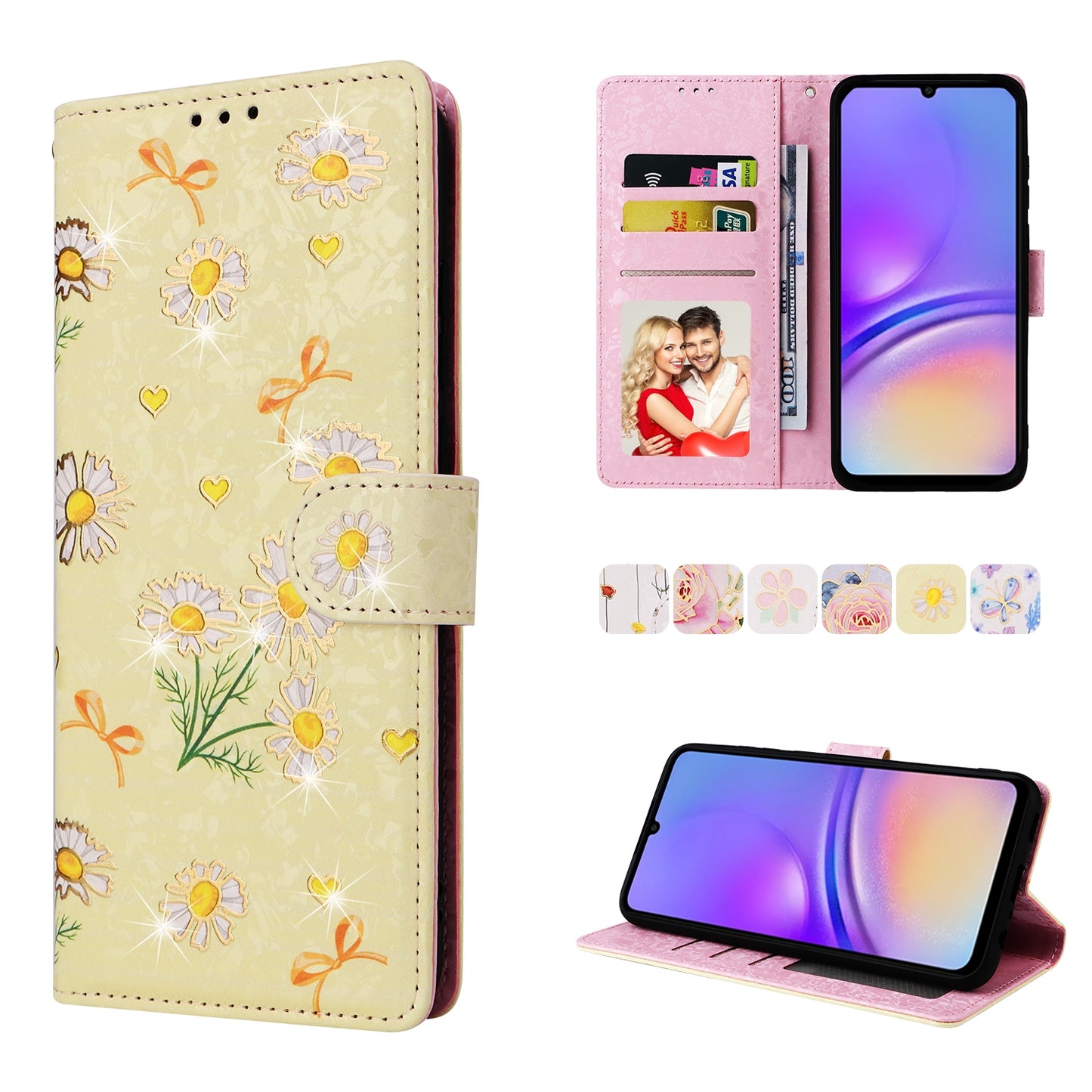 Samsung Galaxy A05 Luxury Bronzing Leather Case - Floral RFID Wallet Cover with Stand & Card Slots