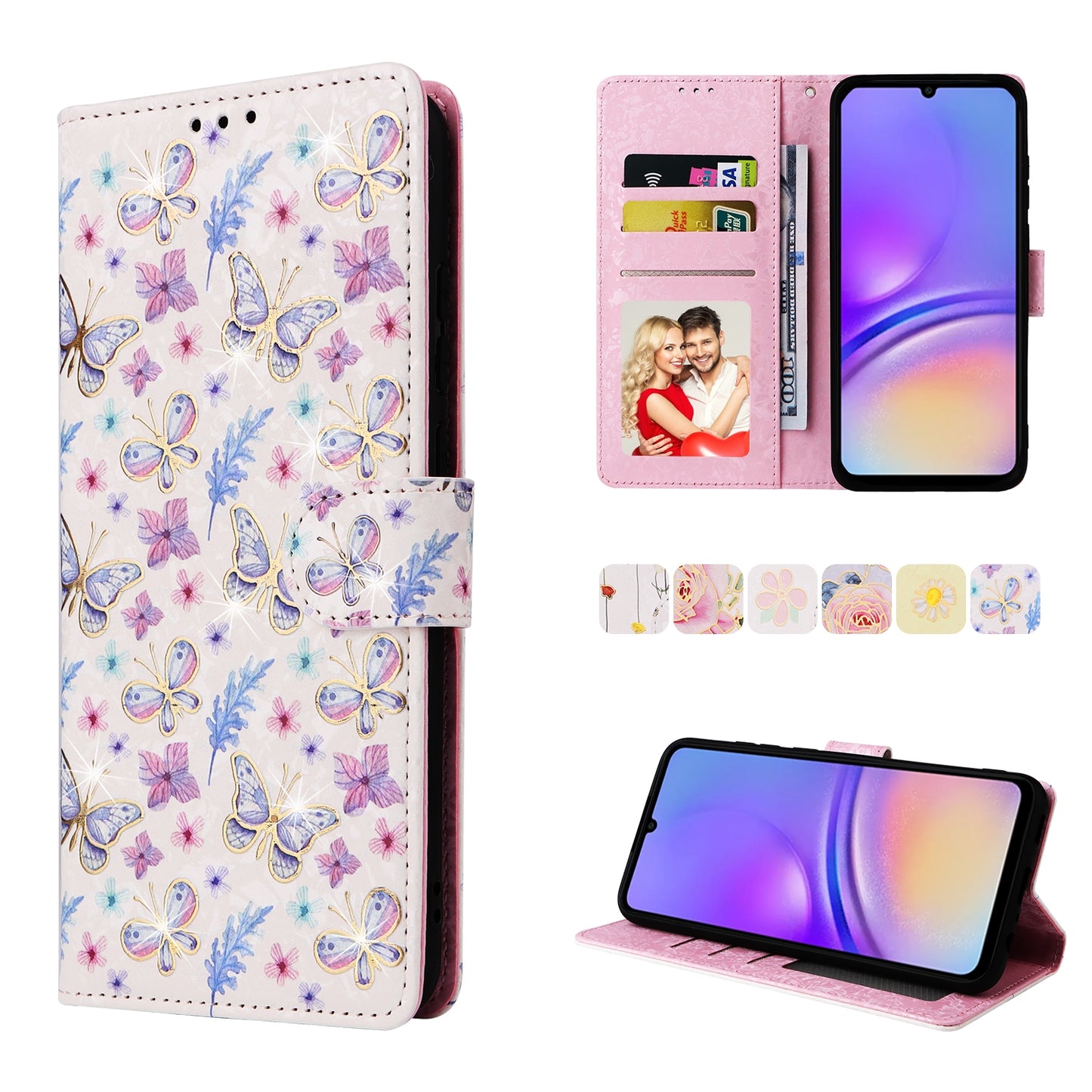 Samsung Galaxy A05 Luxury Bronzing Leather Case - Floral RFID Wallet Cover with Stand & Card Slots