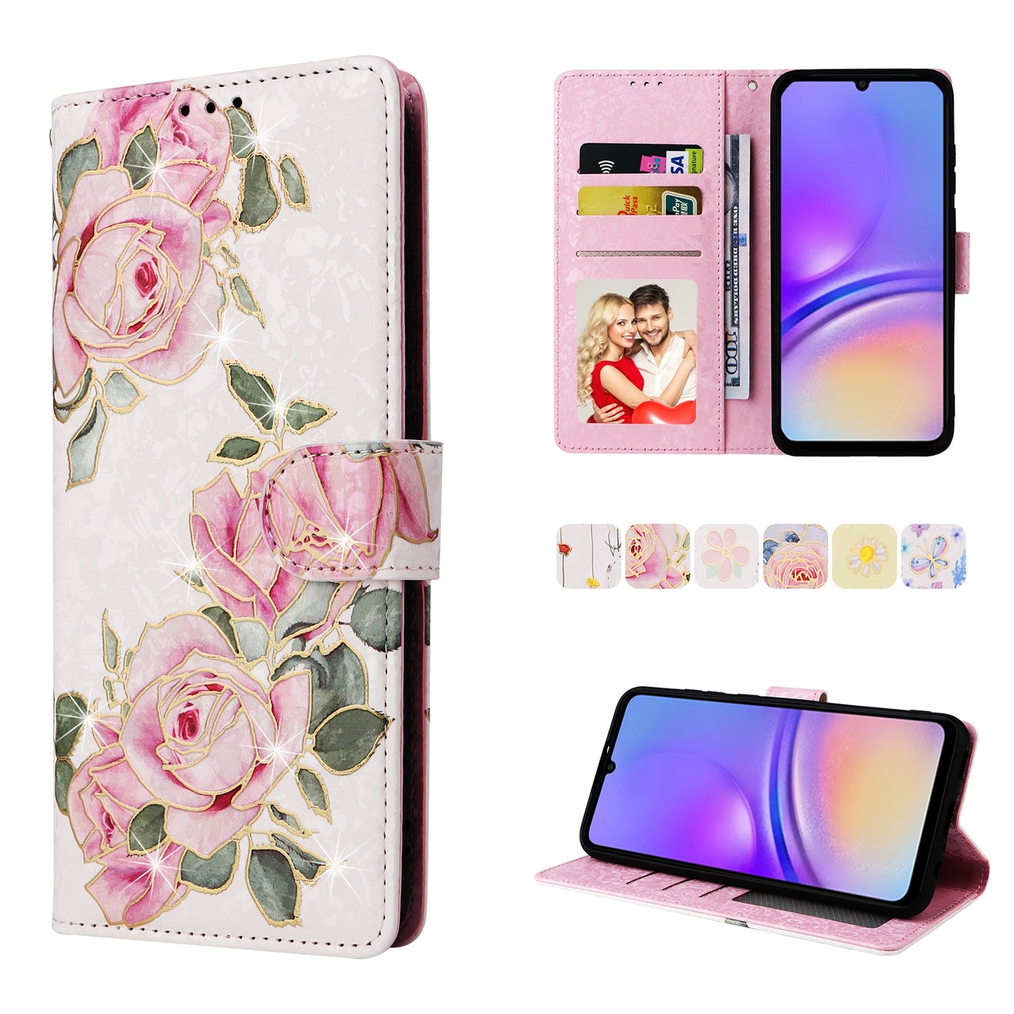 Samsung Galaxy A05 Luxury Bronzing Leather Case - Floral RFID Wallet Cover with Stand & Card Slots