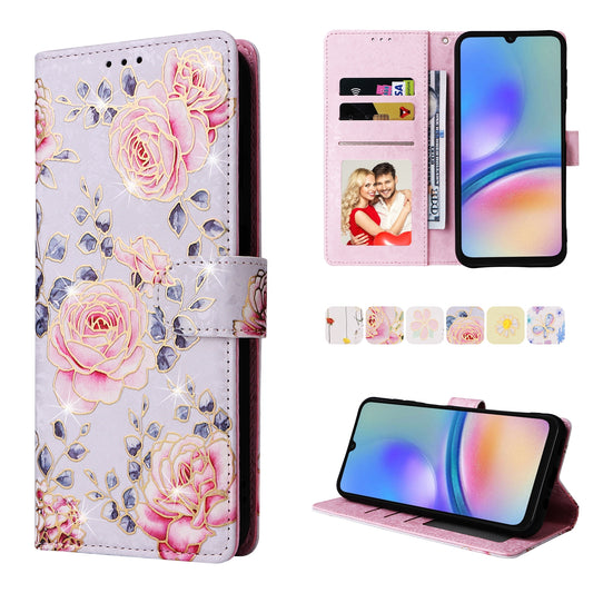 Samsung Galaxy A05s Luxury Bronzing Leather Case - Floral RFID Wallet Cover with Stand & Card Slots