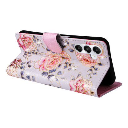 Samsung Galaxy A05s Luxury Bronzing Leather Case - Floral RFID Wallet Cover with Stand & Card Slots