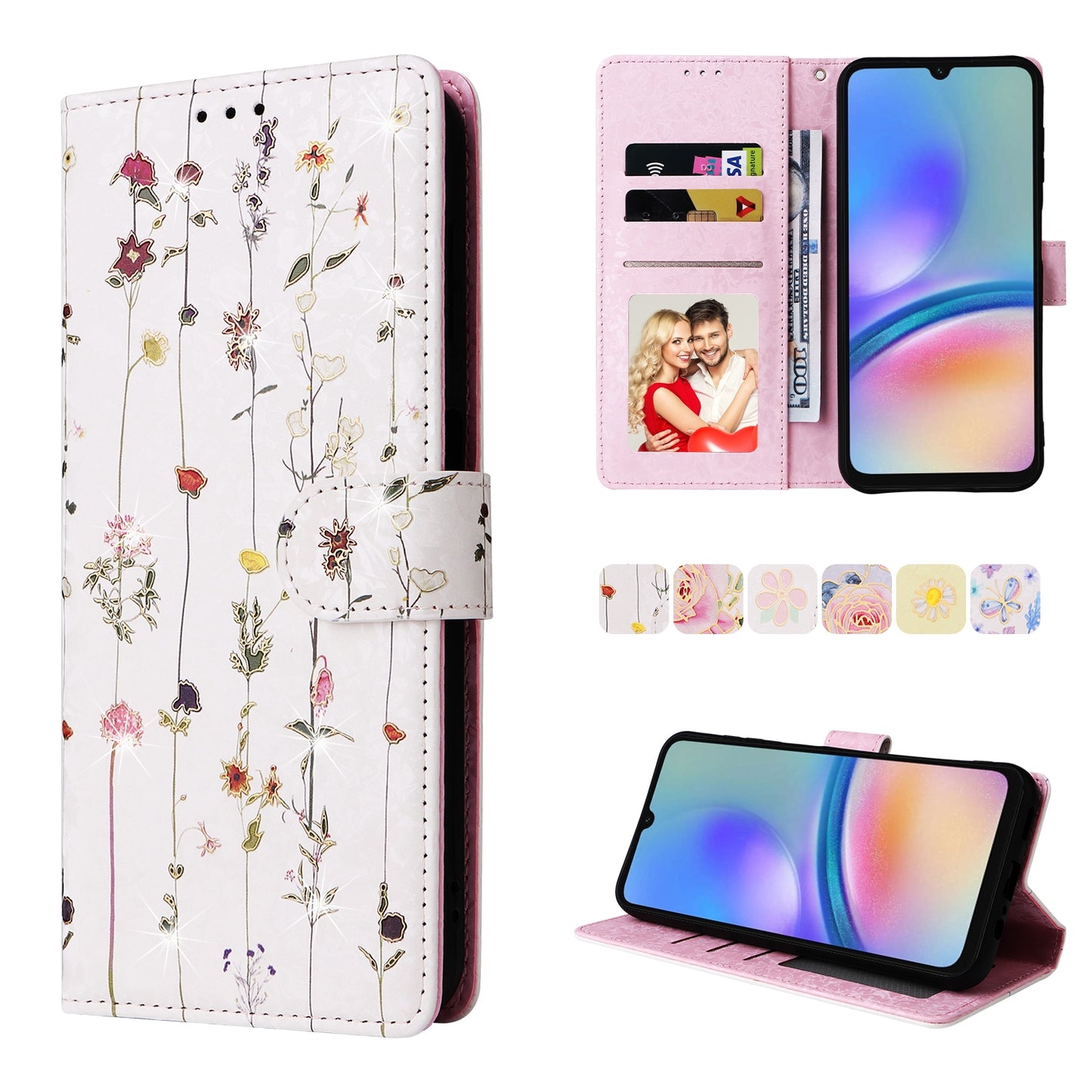 Samsung Galaxy A05s Luxury Bronzing Leather Case - Floral RFID Wallet Cover with Stand & Card Slots