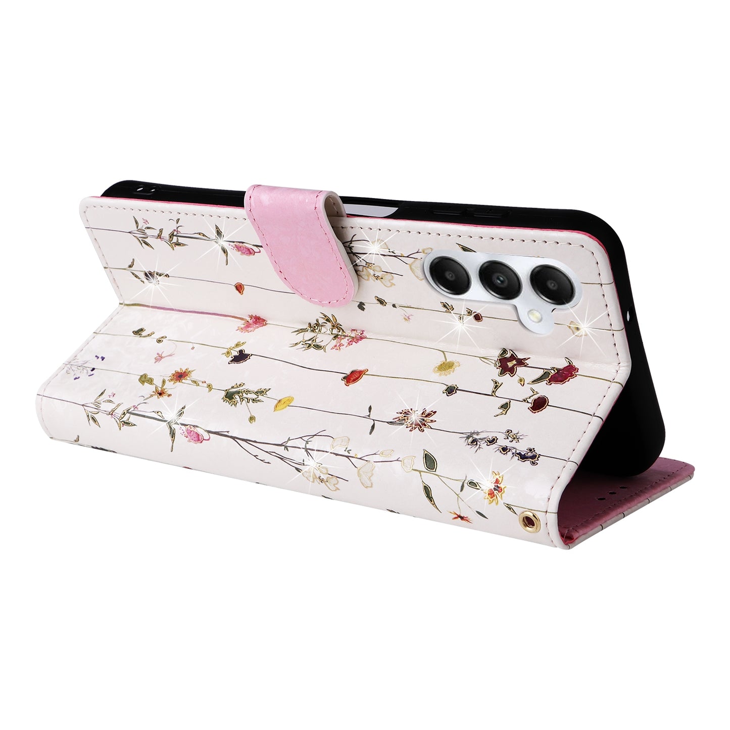 Samsung Galaxy A05s Luxury Bronzing Leather Case - Floral RFID Wallet Cover with Stand & Card Slots