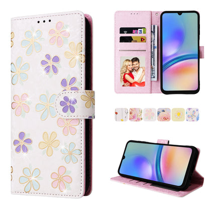 Samsung Galaxy A05s Luxury Bronzing Leather Case - Floral RFID Wallet Cover with Stand & Card Slots