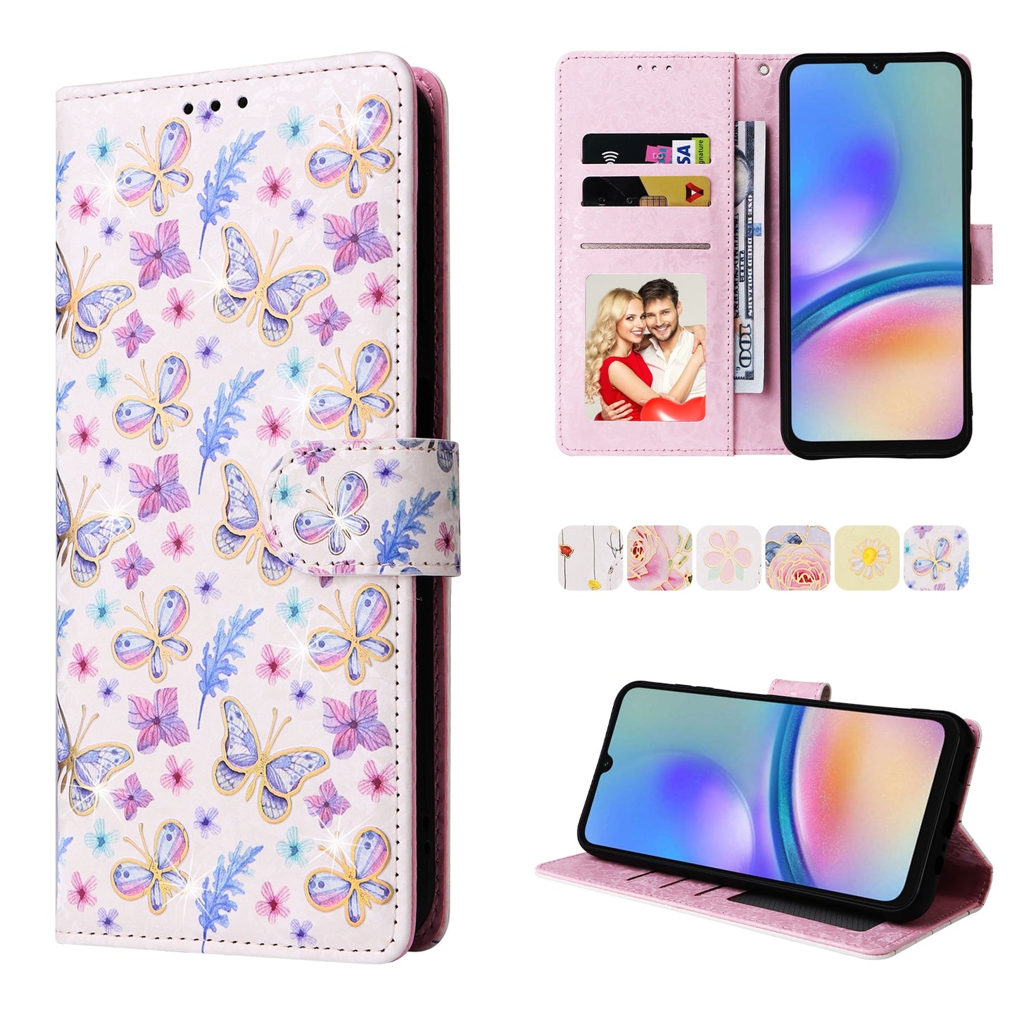 Samsung Galaxy A05s Luxury Bronzing Leather Case - Floral RFID Wallet Cover with Stand & Card Slots