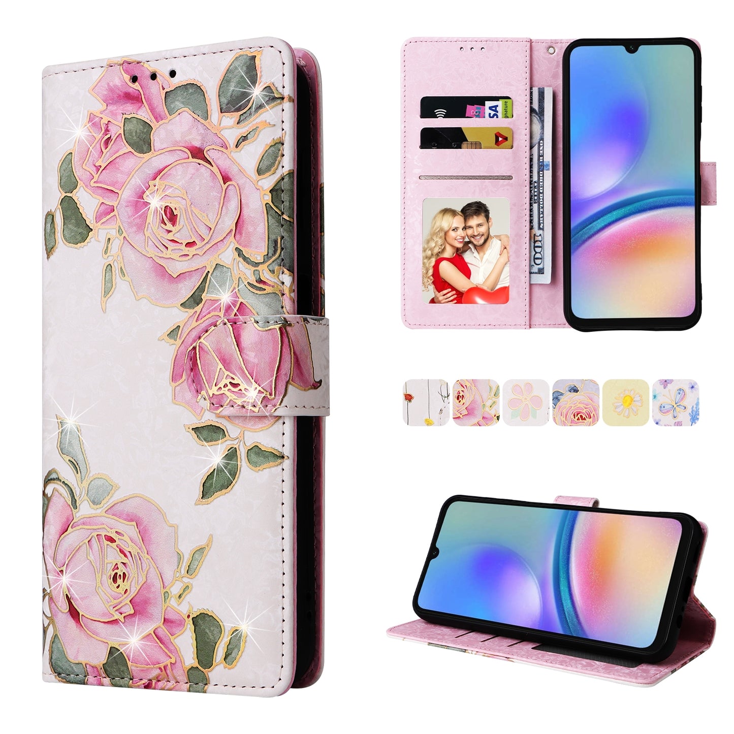 Samsung Galaxy A05s Luxury Bronzing Leather Case - Floral RFID Wallet Cover with Stand & Card Slots