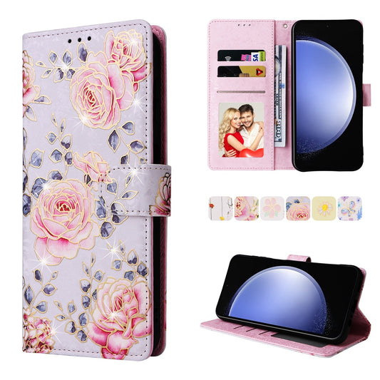 Samsung Galaxy S23 FE 5G Luxury Bronzing Leather Case - Floral RFID Wallet Cover with Stand & Card Slots