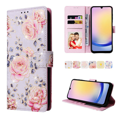 Samsung Galaxy A25 Luxury Bronzing Leather Case - Floral RFID Wallet Cover with Stand & Card Slots