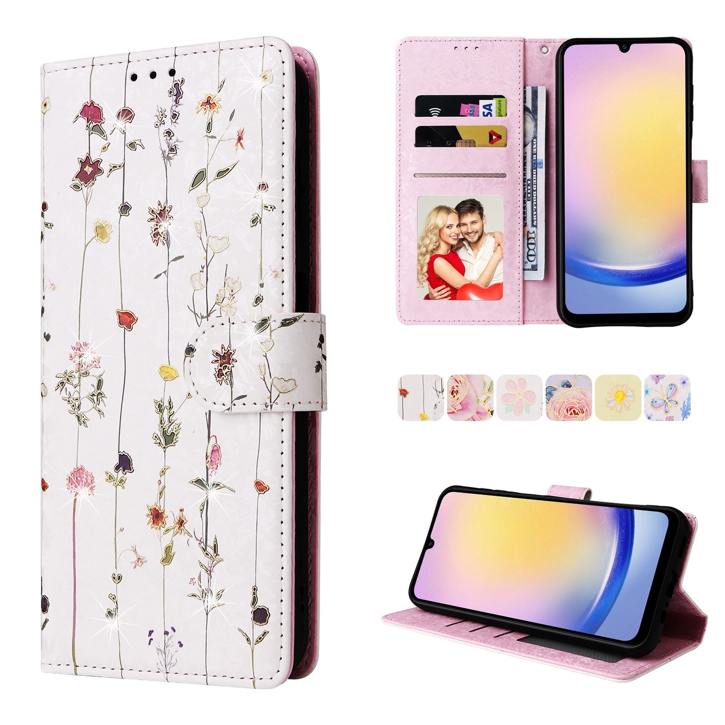 Samsung Galaxy A25 Luxury Bronzing Leather Case - Floral RFID Wallet Cover with Stand & Card Slots