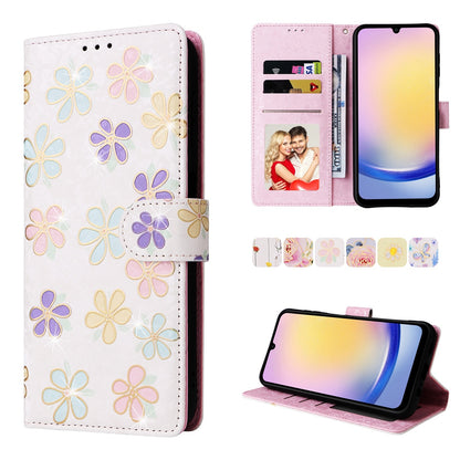 Samsung Galaxy A25 Luxury Bronzing Leather Case - Floral RFID Wallet Cover with Stand & Card Slots