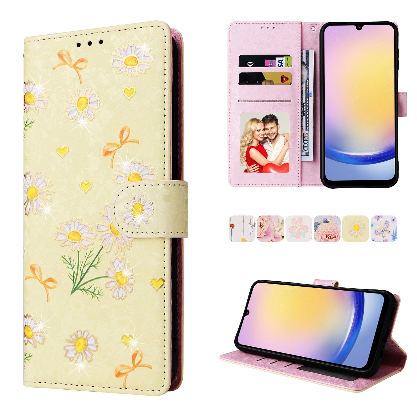 Samsung Galaxy A25 Luxury Bronzing Leather Case - Floral RFID Wallet Cover with Stand & Card Slots