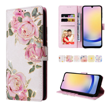 Samsung Galaxy A25 Luxury Bronzing Leather Case - Floral RFID Wallet Cover with Stand & Card Slots