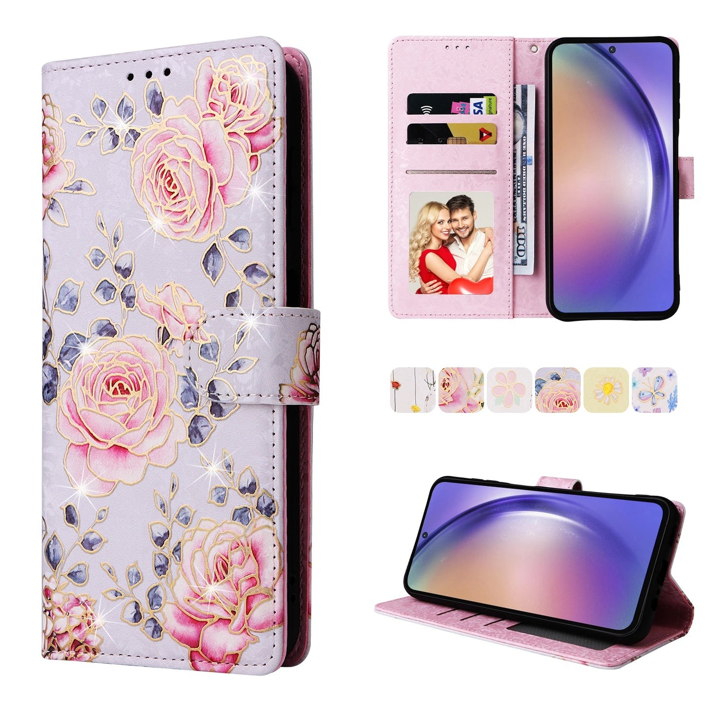 Samsung Galaxy A55 Luxury Bronzing Leather Case - Floral RFID Wallet Cover with Stand & Card Slots