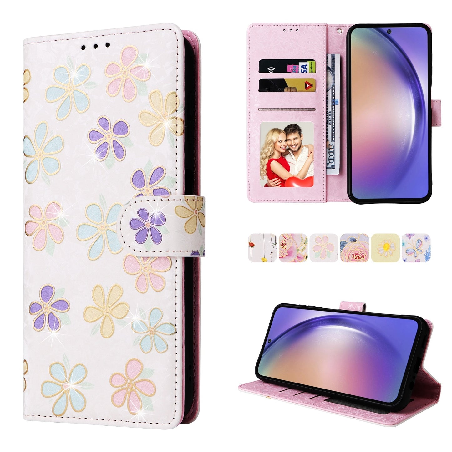 Samsung Galaxy A55 Luxury Bronzing Leather Case - Floral RFID Wallet Cover with Stand & Card Slots