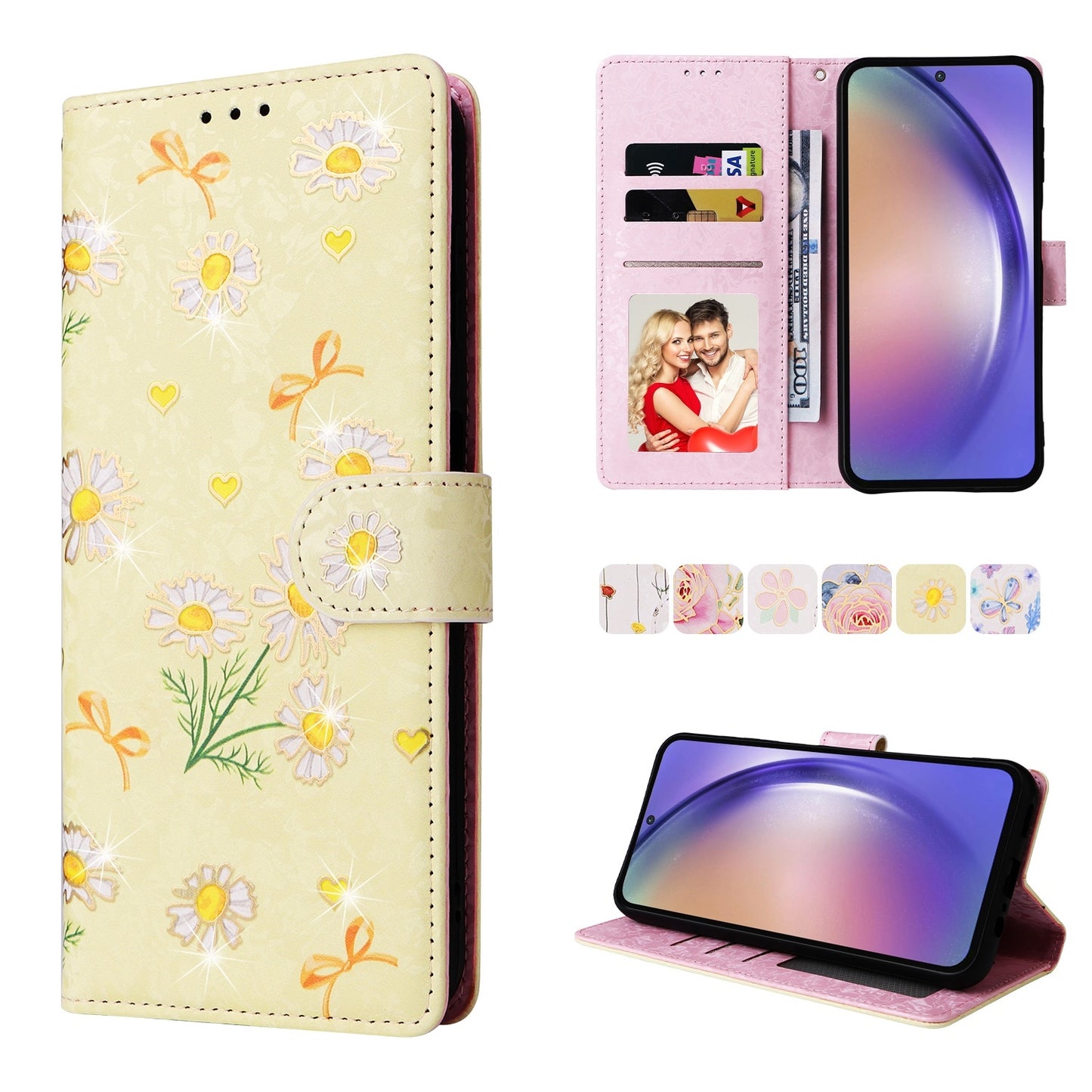 Samsung Galaxy A55 Luxury Bronzing Leather Case - Floral RFID Wallet Cover with Stand & Card Slots
