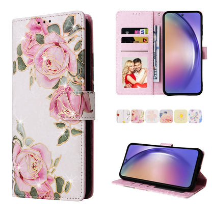 Samsung Galaxy A55 Luxury Bronzing Leather Case - Floral RFID Wallet Cover with Stand & Card Slots