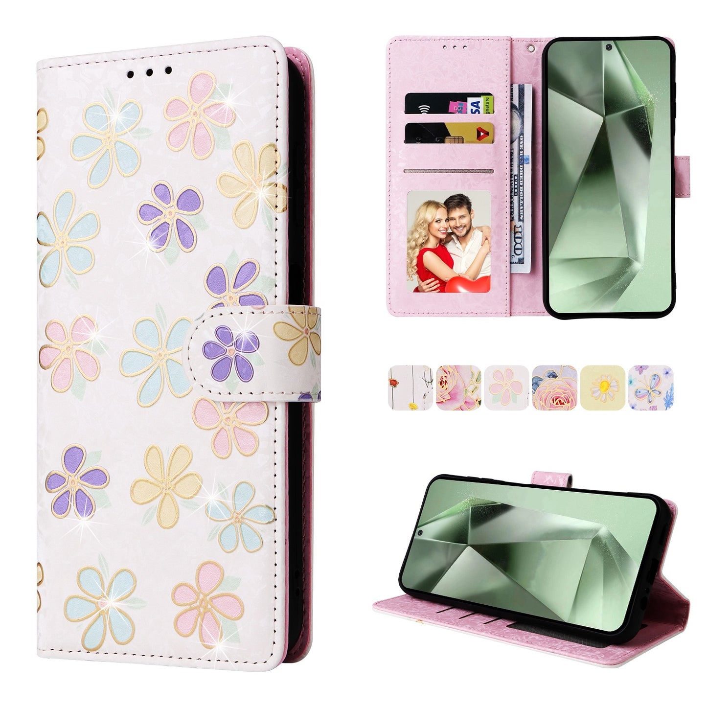 Samsung Galaxy S24 FE 5G Luxury Bronzing Leather Case - Floral RFID Wallet Cover with Stand & Card Slots