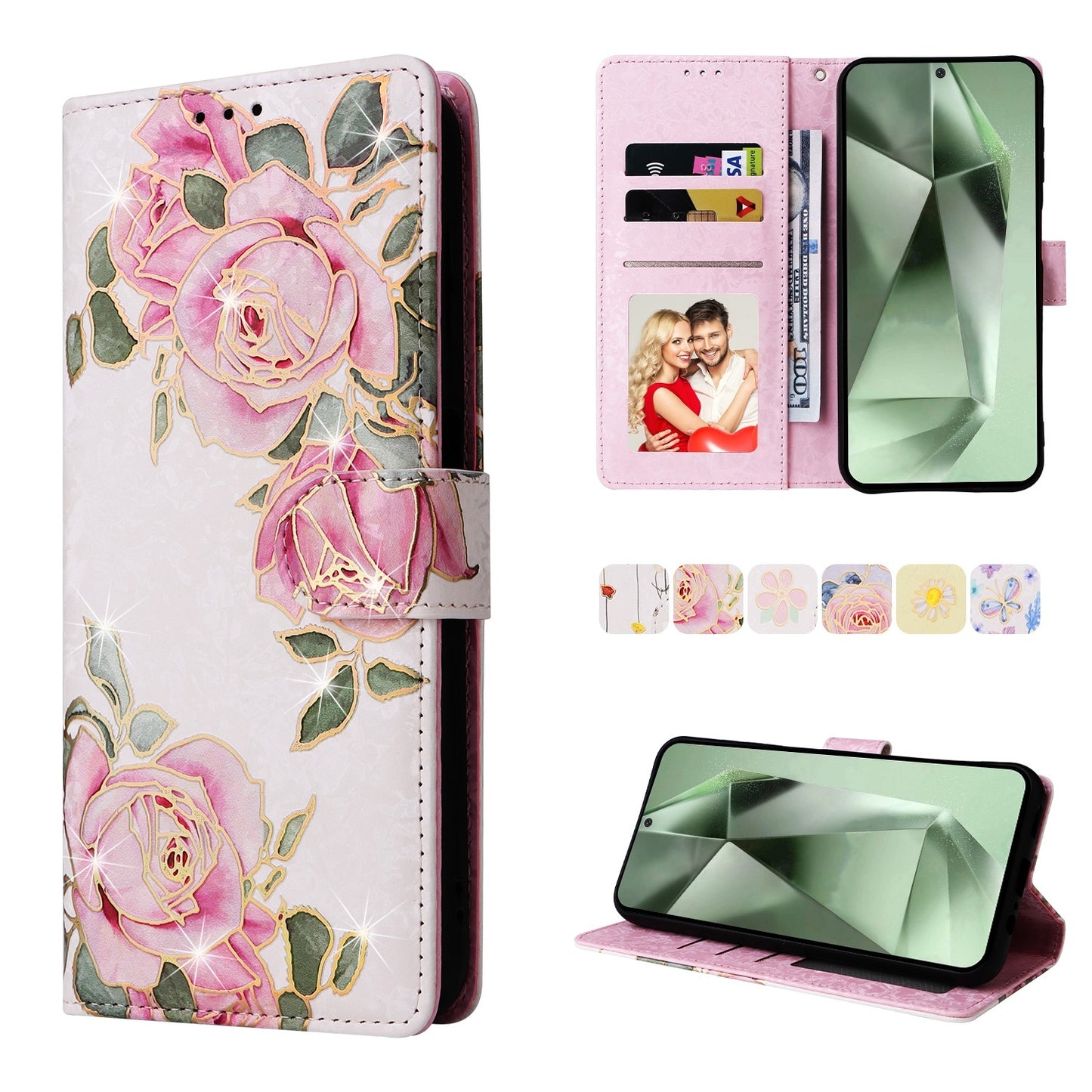 Samsung Galaxy S24 FE 5G Luxury Bronzing Leather Case - Floral RFID Wallet Cover with Stand & Card Slots