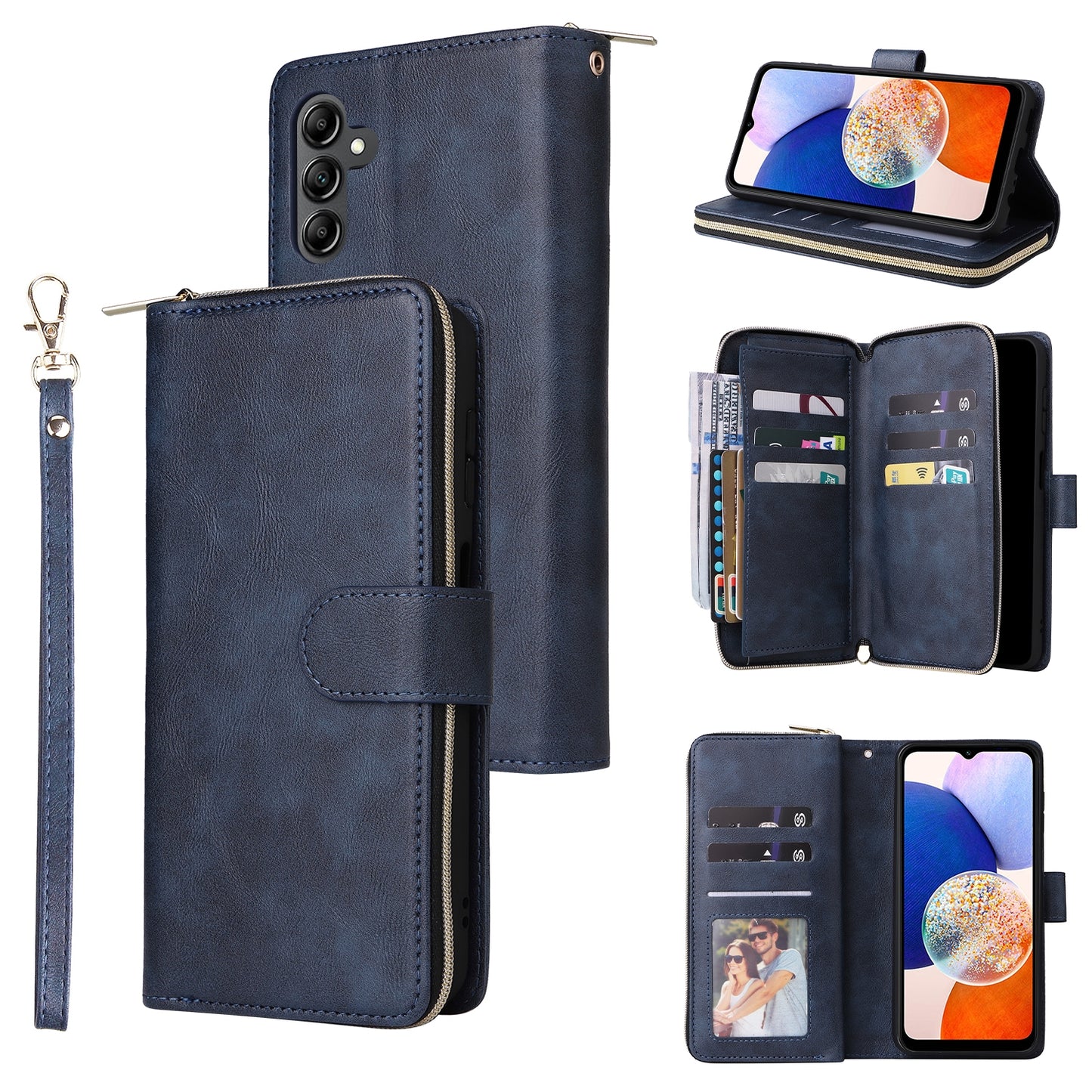 Samsung Galaxy A15 5G Leather Wallet Case with 9 Card Slots, Zipped Cash Pocket & Kickstand - Premium PU TPU Protective Cover with Wrist Strap