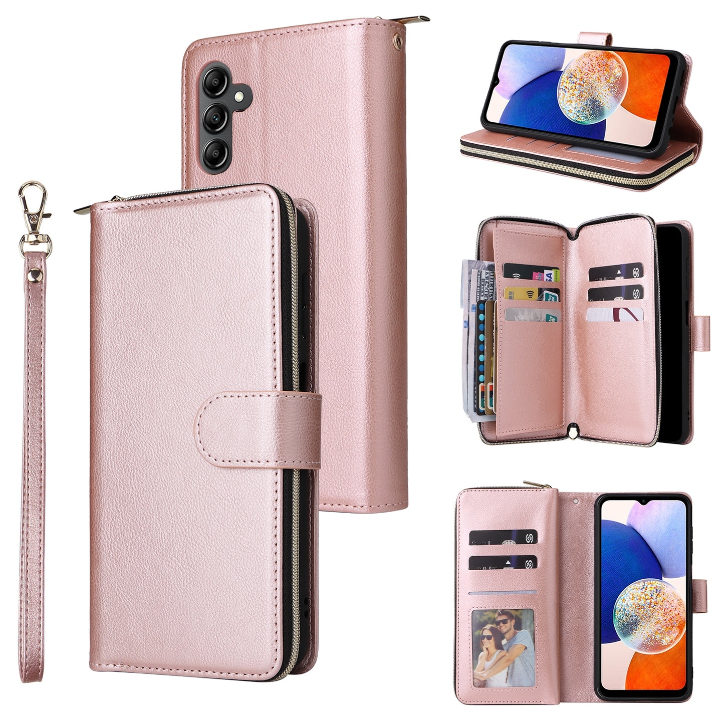 Samsung Galaxy A15 5G Leather Wallet Case with 9 Card Slots, Zipped Cash Pocket & Kickstand - Premium PU TPU Protective Cover with Wrist Strap