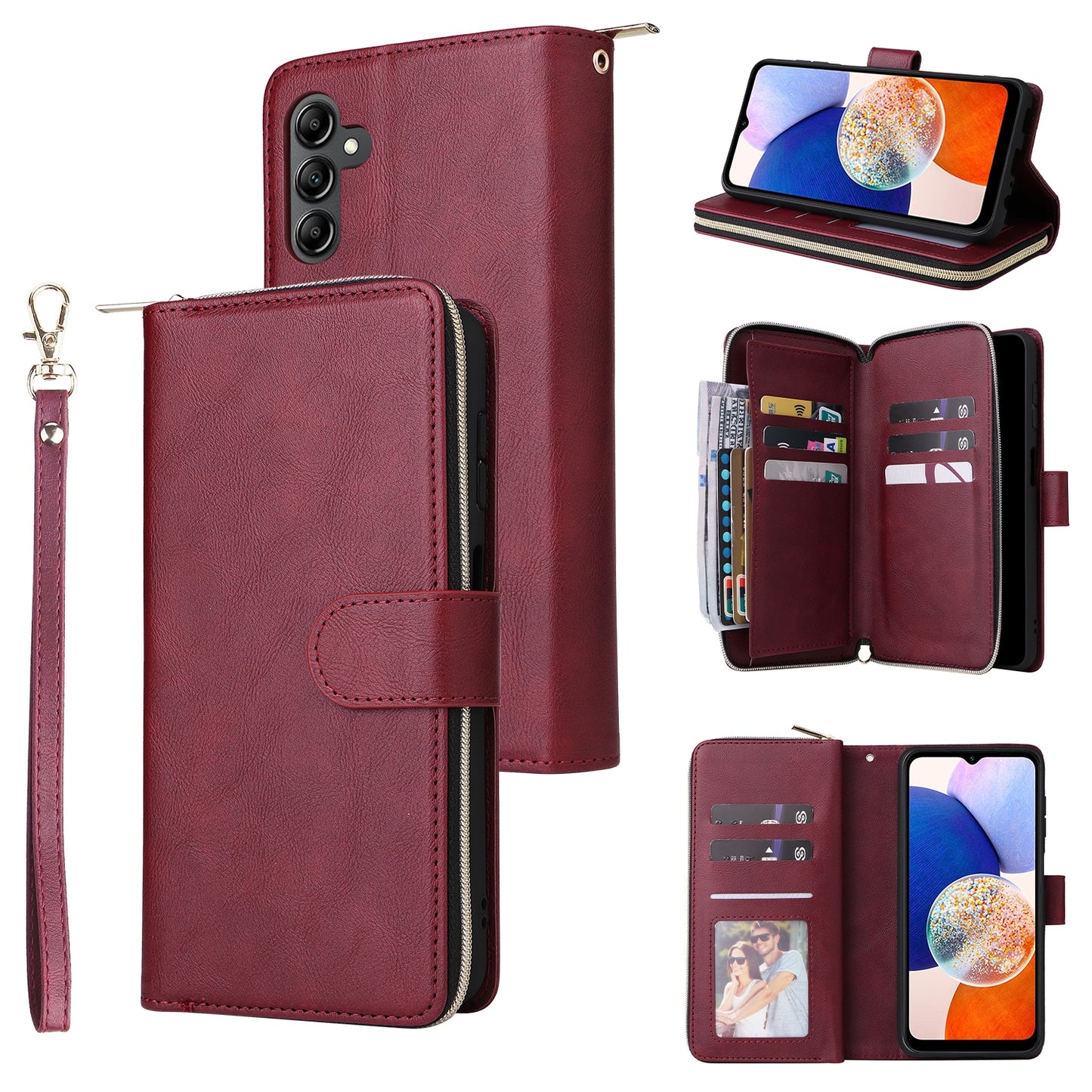 Samsung Galaxy A15 5G Leather Wallet Case with 9 Card Slots, Zipped Cash Pocket & Kickstand - Premium PU TPU Protective Cover with Wrist Strap