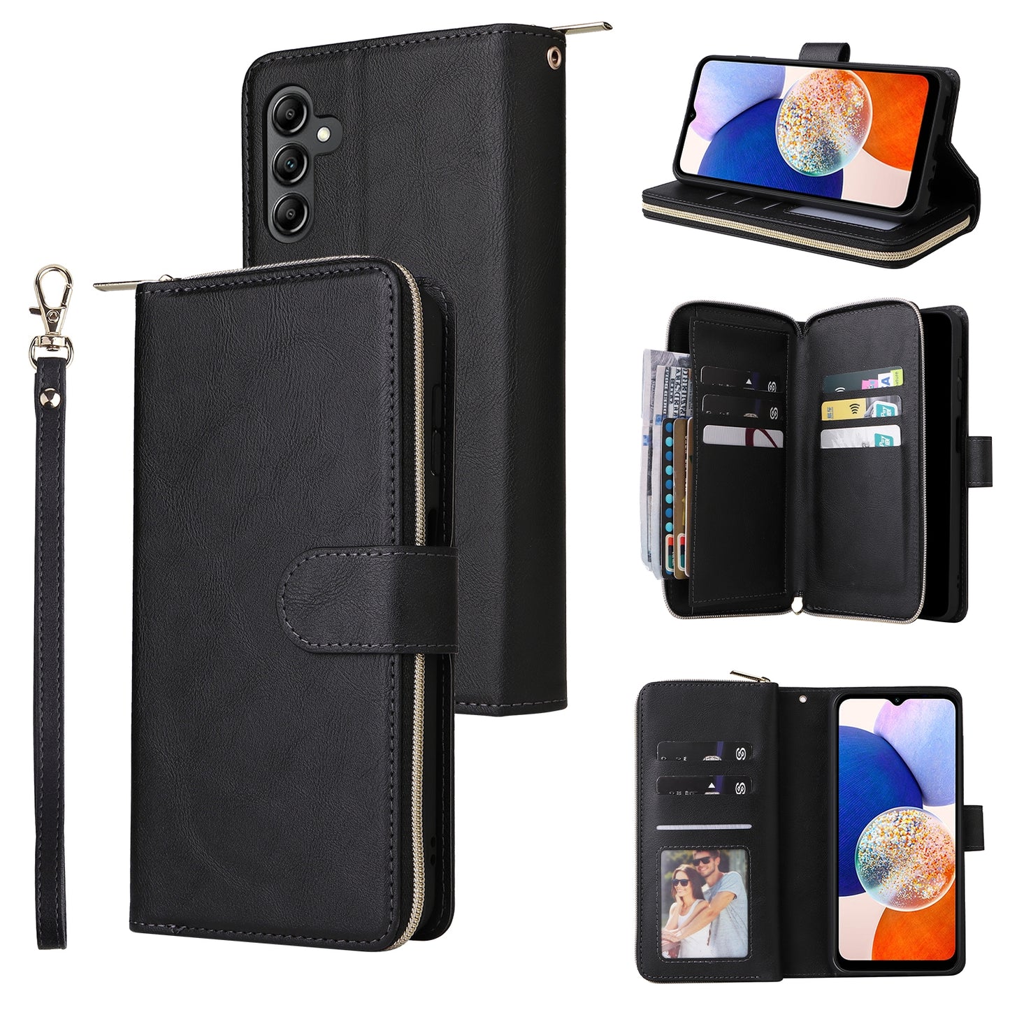 Samsung Galaxy A15 5G Leather Wallet Case with 9 Card Slots, Zipped Cash Pocket & Kickstand - Premium PU TPU Protective Cover with Wrist Strap