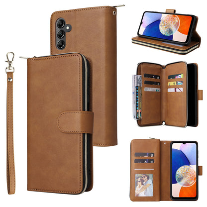 Samsung Galaxy A15 5G Leather Wallet Case with 9 Card Slots, Zipped Cash Pocket & Kickstand - Premium PU TPU Protective Cover with Wrist Strap