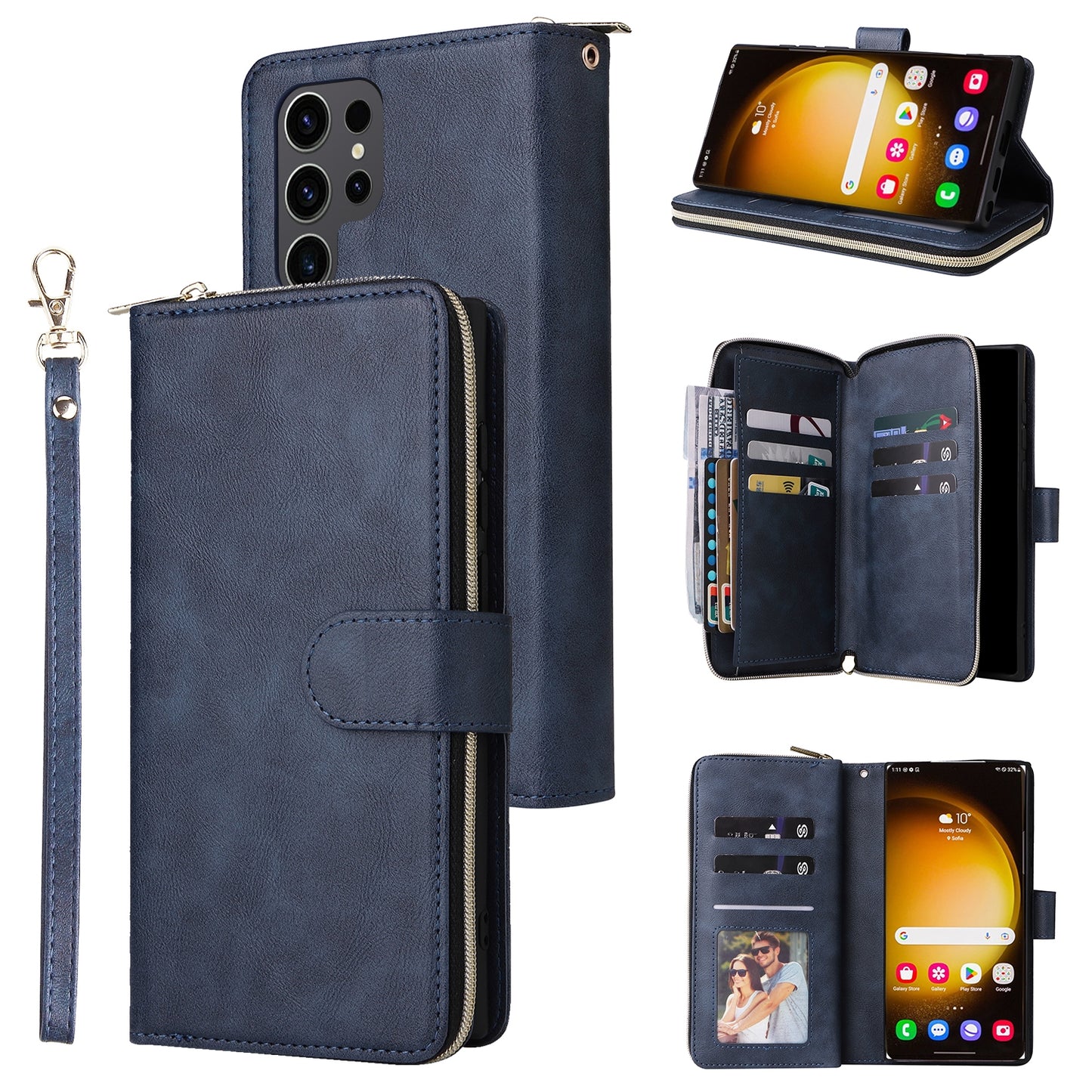 Samsung Galaxy S24 Ultra 5G Leather Wallet Case with 9 Card Slots, Zipped Cash Pocket & Kickstand - Premium PU TPU Protective Cover with Wrist Strap