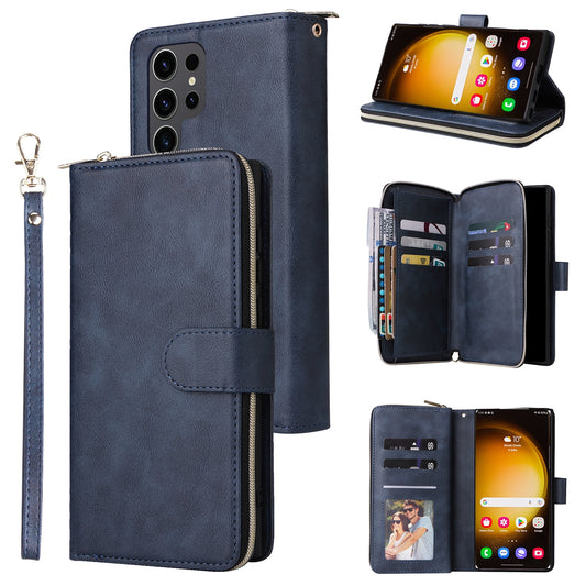Samsung Galaxy S24 Ultra 5G Leather Wallet Case with 9 Card Slots, Zipped Cash Pocket & Kickstand - Premium PU TPU Protective Cover with Wrist Strap