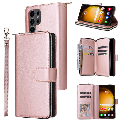 Samsung Galaxy S24 Ultra 5G Leather Wallet Case with 9 Card Slots, Zipped Cash Pocket & Kickstand - Premium PU TPU Protective Cover with Wrist Strap