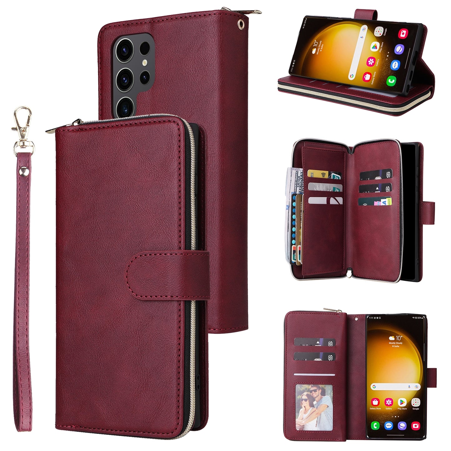 Samsung Galaxy S24 Ultra 5G Leather Wallet Case with 9 Card Slots, Zipped Cash Pocket & Kickstand - Premium PU TPU Protective Cover with Wrist Strap