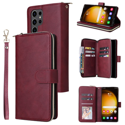 Samsung Galaxy S24 Ultra 5G Leather Wallet Case with 9 Card Slots, Zipped Cash Pocket & Kickstand - Premium PU TPU Protective Cover with Wrist Strap