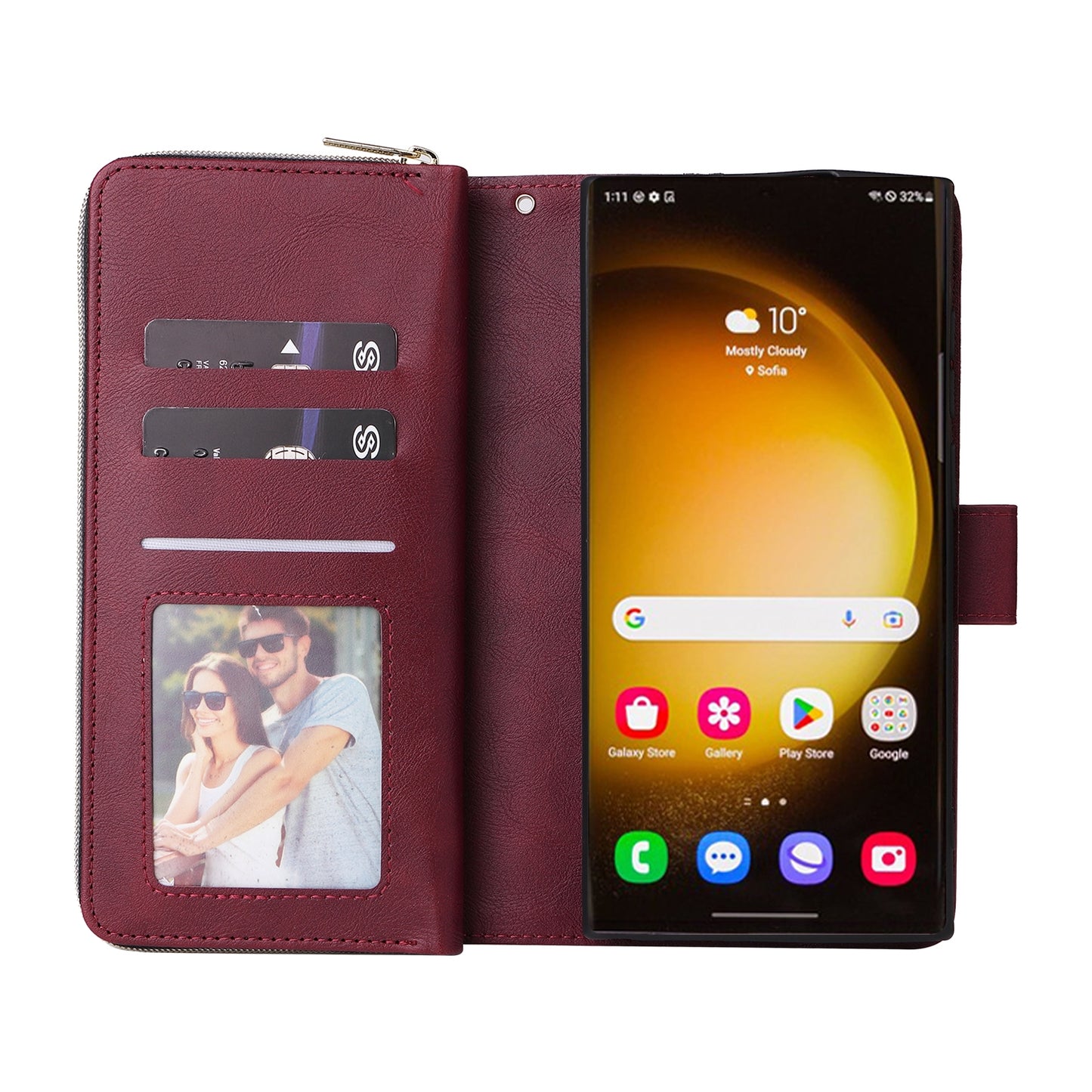 Samsung Galaxy S24 Ultra 5G Leather Wallet Case with 9 Card Slots, Zipped Cash Pocket & Kickstand - Premium PU TPU Protective Cover with Wrist Strap