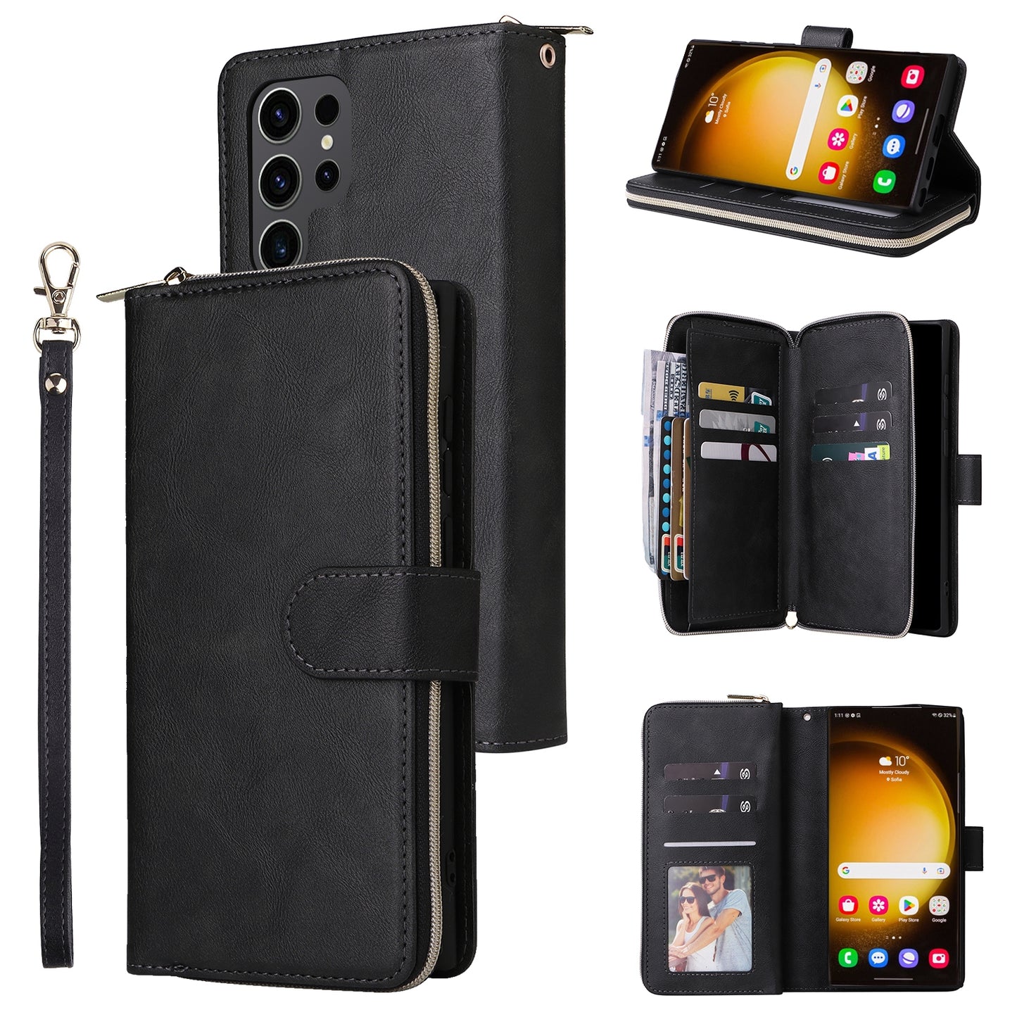 Samsung Galaxy S24 Ultra 5G Leather Wallet Case with 9 Card Slots, Zipped Cash Pocket & Kickstand - Premium PU TPU Protective Cover with Wrist Strap