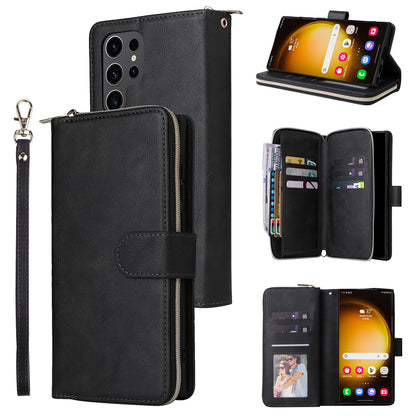 Samsung Galaxy S24 Ultra 5G Leather Wallet Case with 9 Card Slots, Zipped Cash Pocket & Kickstand - Premium PU TPU Protective Cover with Wrist Strap