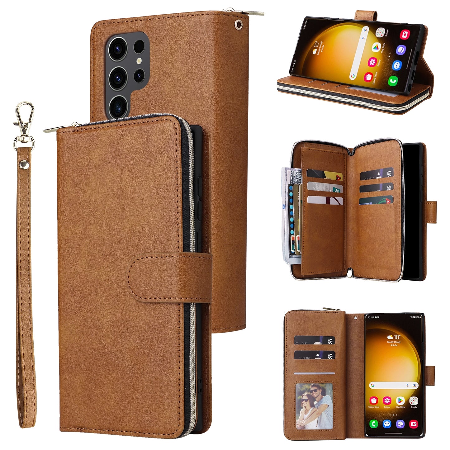 Samsung Galaxy S24 Ultra 5G Leather Wallet Case with 9 Card Slots, Zipped Cash Pocket & Kickstand - Premium PU TPU Protective Cover with Wrist Strap