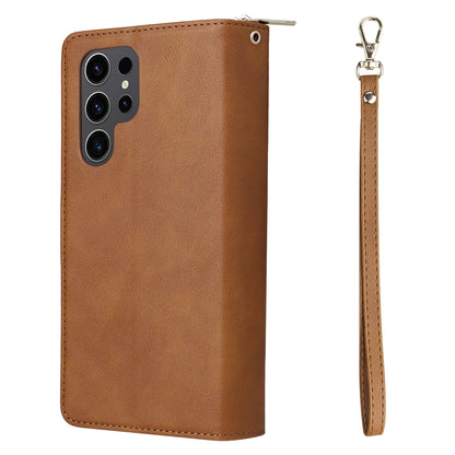 Samsung Galaxy S24 Ultra 5G Leather Wallet Case with 9 Card Slots, Zipped Cash Pocket & Kickstand - Premium PU TPU Protective Cover with Wrist Strap
