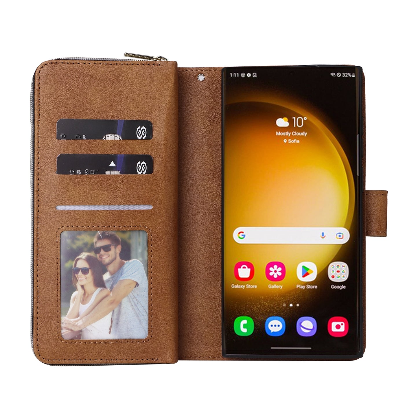 Samsung Galaxy S24 Ultra 5G Leather Wallet Case with 9 Card Slots, Zipped Cash Pocket & Kickstand - Premium PU TPU Protective Cover with Wrist Strap