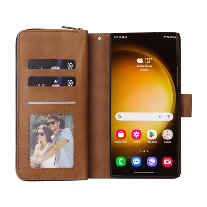 Samsung Galaxy S24 Ultra 5G Leather Wallet Case with 9 Card Slots, Zipped Cash Pocket & Kickstand - Premium PU TPU Protective Cover with Wrist Strap