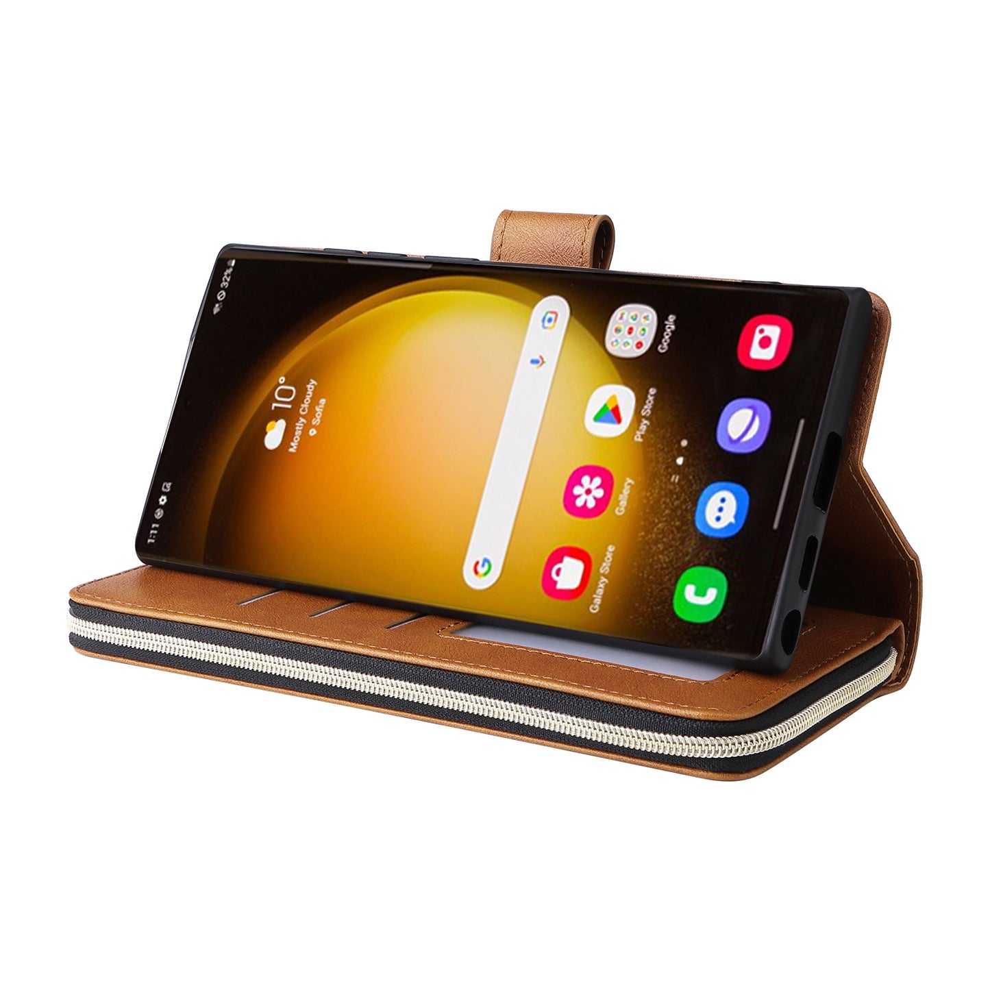 Samsung Galaxy S24 Ultra 5G Leather Wallet Case with 9 Card Slots, Zipped Cash Pocket & Kickstand - Premium PU TPU Protective Cover with Wrist Strap