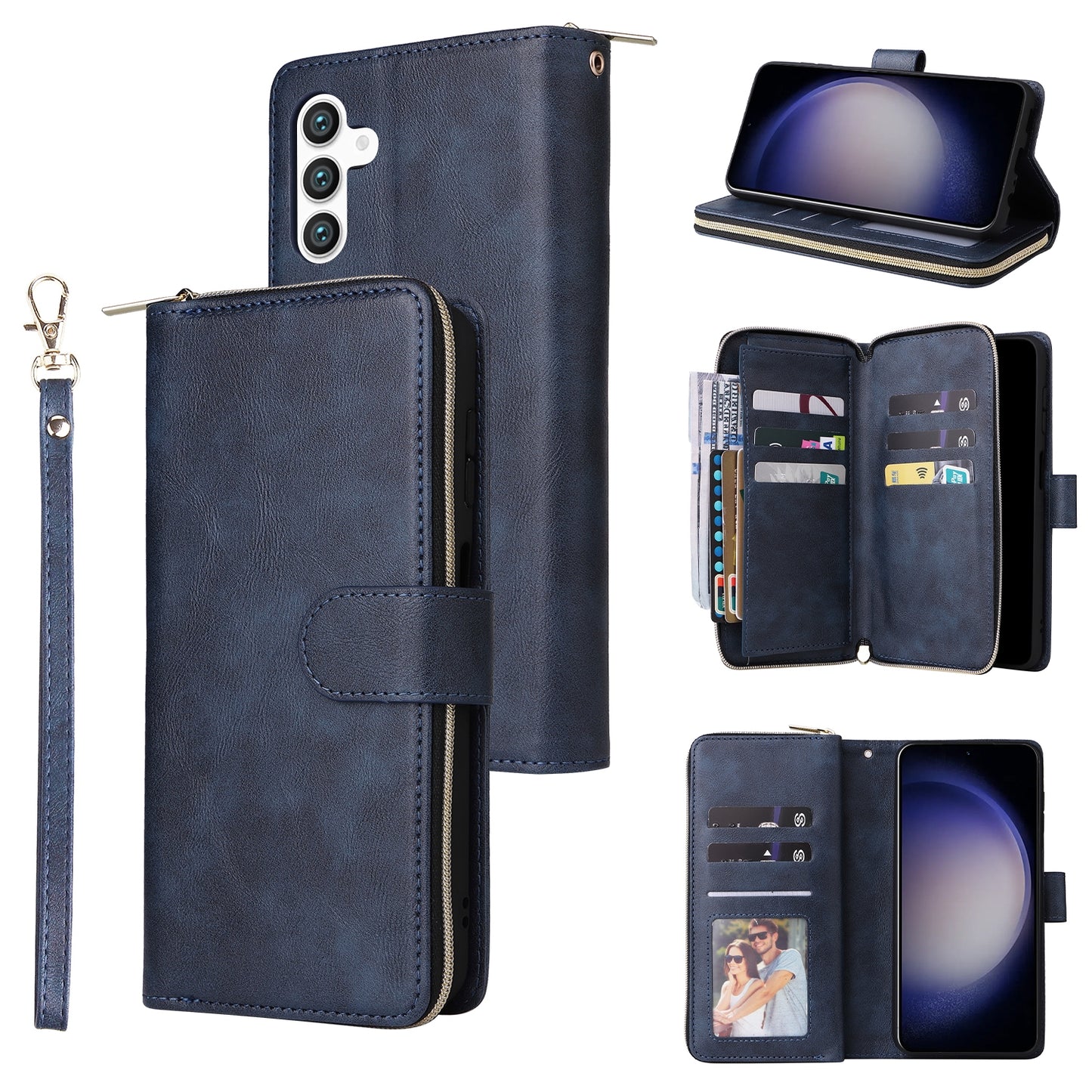 Samsung Galaxy S24 5G Leather Wallet Case with 9 Card Slots, Zipped Cash Pocket & Kickstand - Premium PU TPU Protective Cover with Wrist Strap